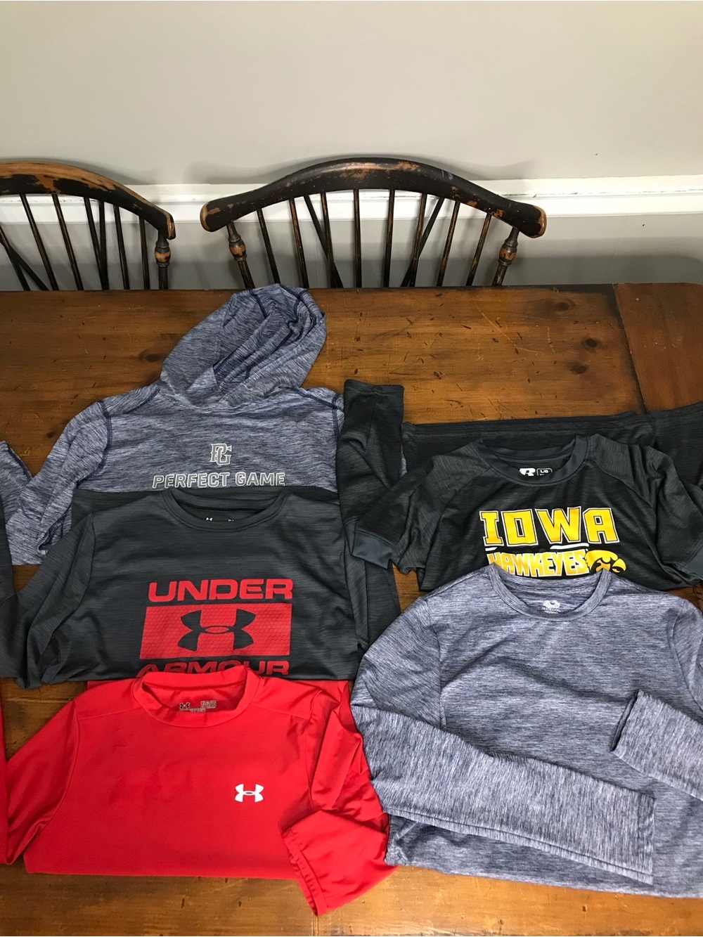 Boys large long sleeved athletic shirts lot of 5 Under Armour, Perfect Game etc